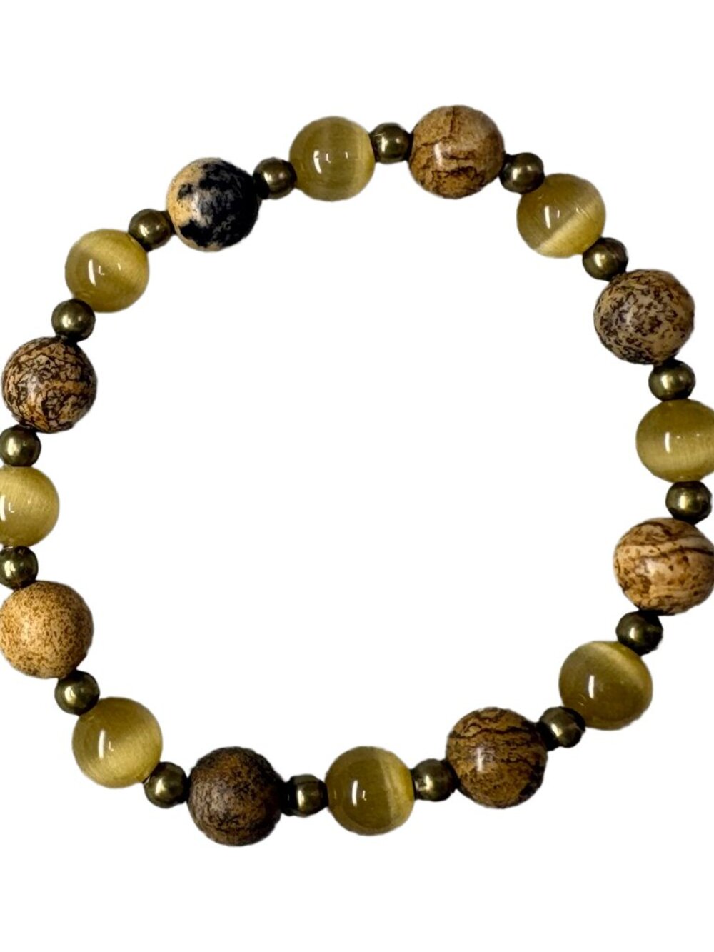 8mm Natural Yellow Cat's Eye Jasper Stretch Beaded Bracelet BronzeAlloy Talisman